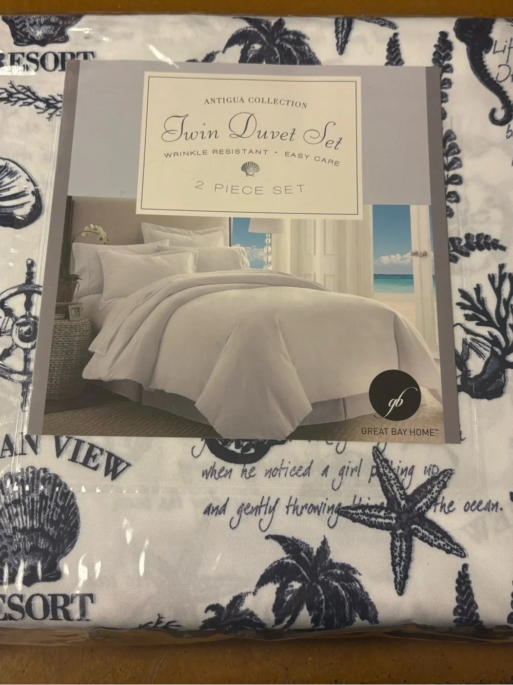 Antigua Twin Duvet Cover Set in White with Navy Coastal Print
